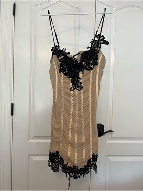 PrettyLittleThing Beige Dress with Black Lace Trim - Mini Slip